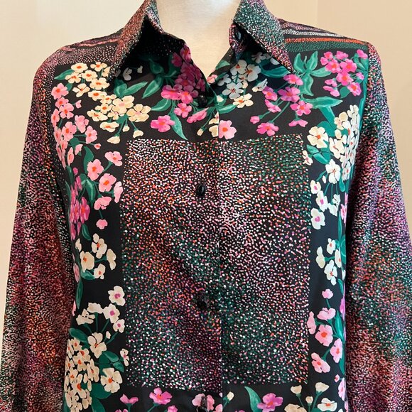 Vintage Black Vivid Floral Print Polyester Blouse by Personal Leslie Fay Size 12 - Picture 3 of 7